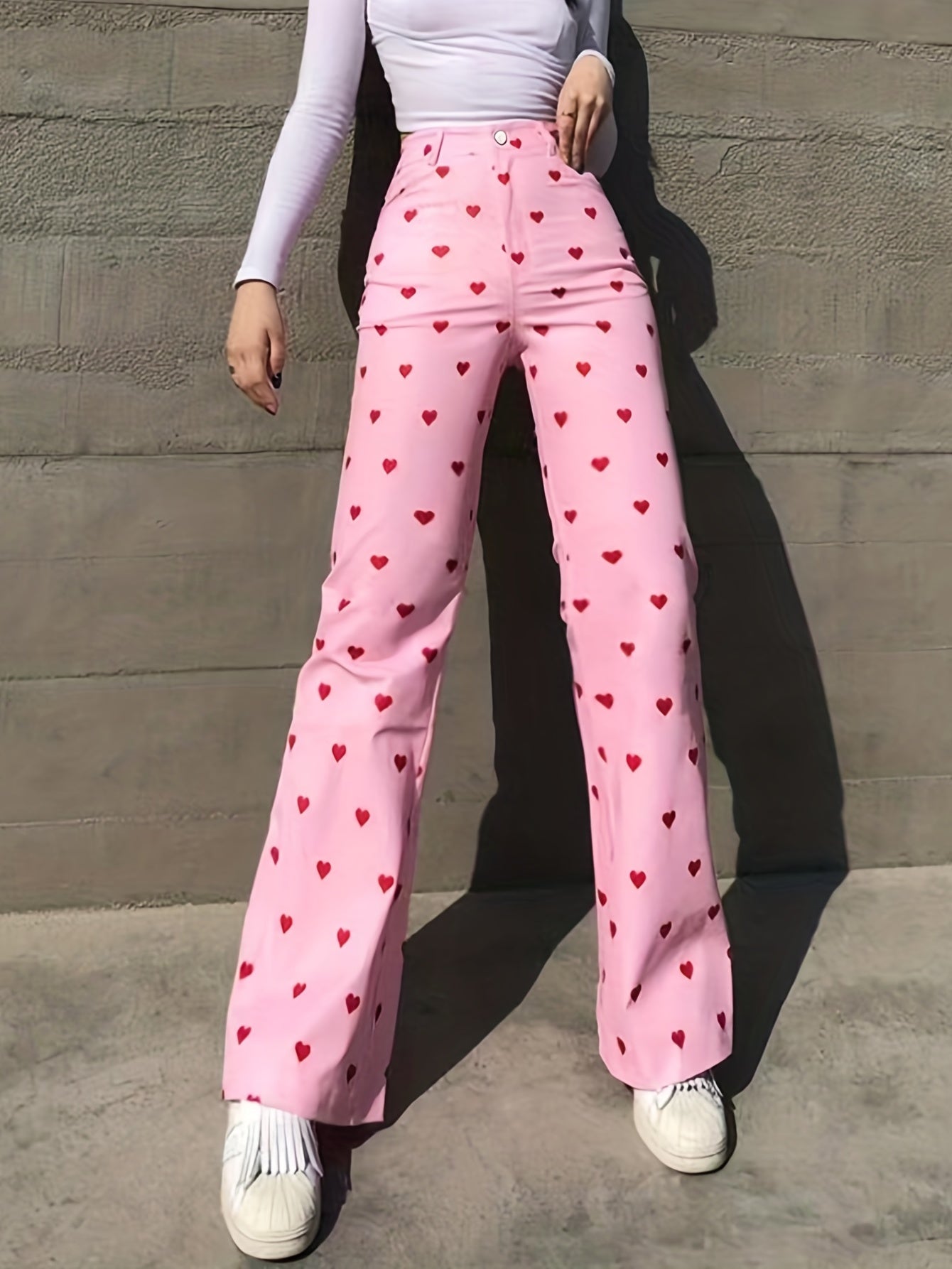 Y2K Heart Print Wide Leg Pants High Waist Button Pants