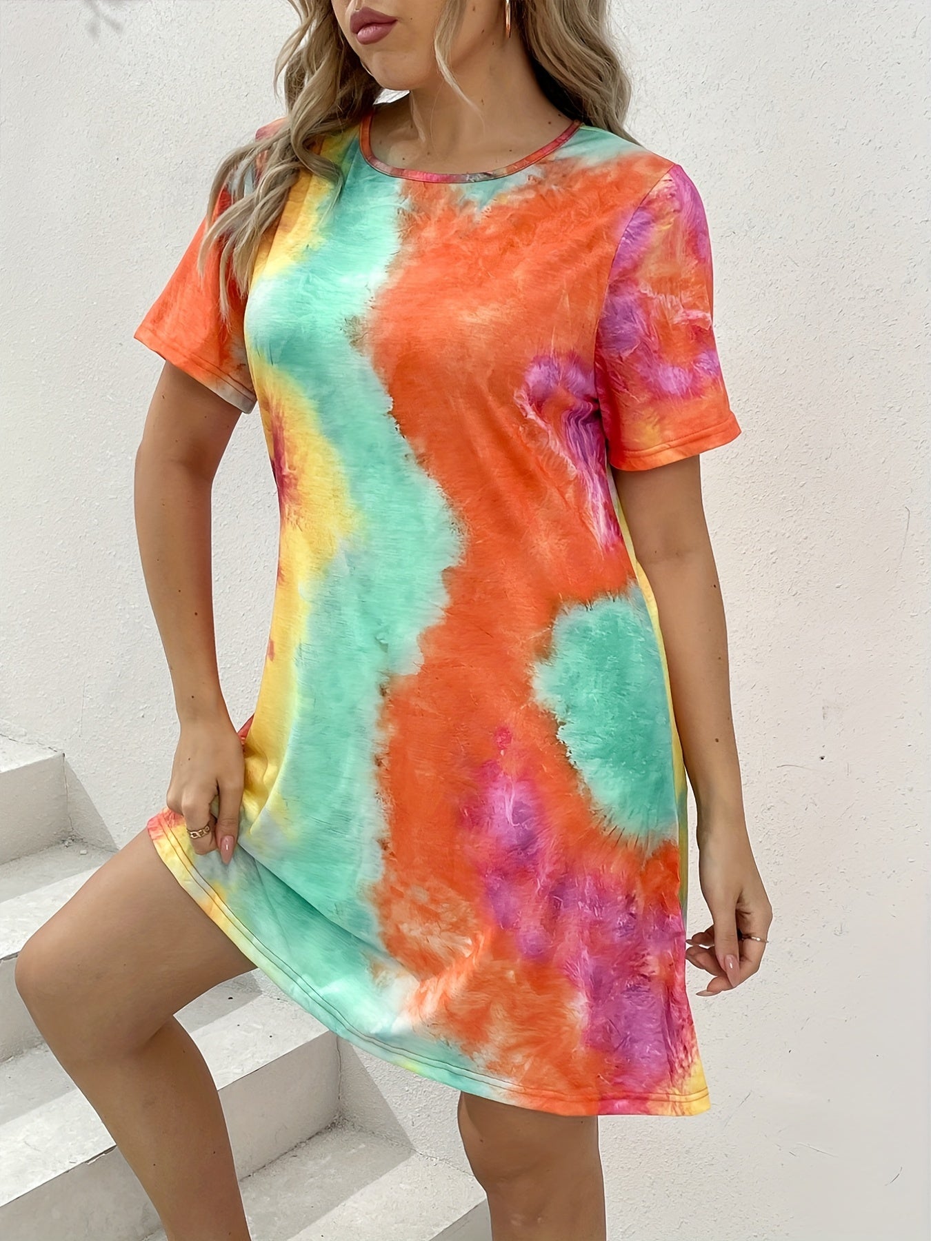  Casual Tee Dress Women's Plus Tie Dye Short Sleeve Round Neck Dress