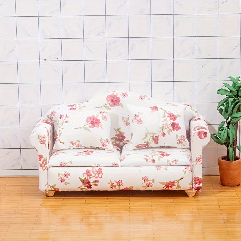Pink Floral Mini Sofa Set with Cushions for Dollhouse