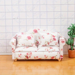 Pink Floral Mini Sofa Set with Cushions for Dollhouse
