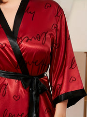  Nightgown Women's Plus Heart & Letter Print Satin Long Sleeve Bathrobe