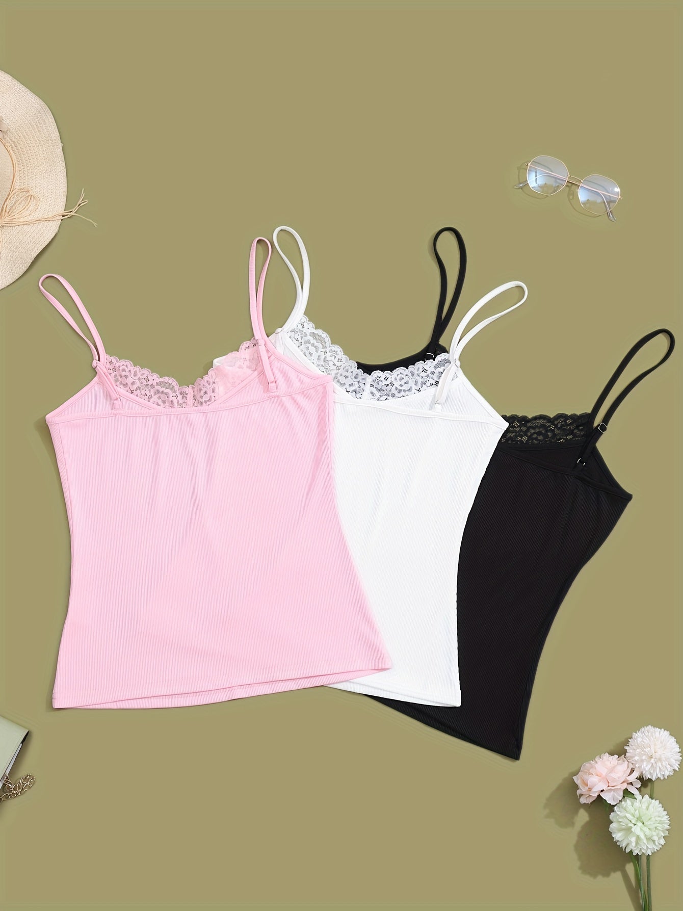 3pcs Lace V Neck Cami Top Lounge Tops