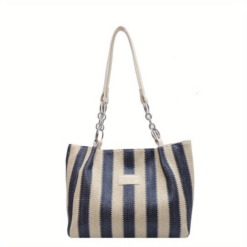 Colorblock Woven Beach Bag Striped Shoulder Tote for Travel