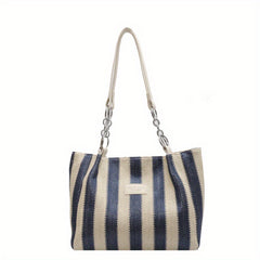 Colorblock Woven Beach Bag Striped Shoulder Tote for Travel