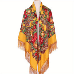 Vintage Flower Print Oversized Shawl with Tassel Wrap