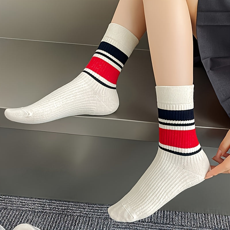 5 Pairs Women's Striped Crew Socks Combo Pack
