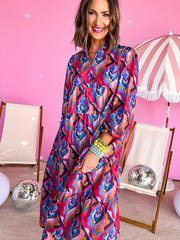 Women's Plus Geometric Print Long Sleeve V Neck Maxi Dress