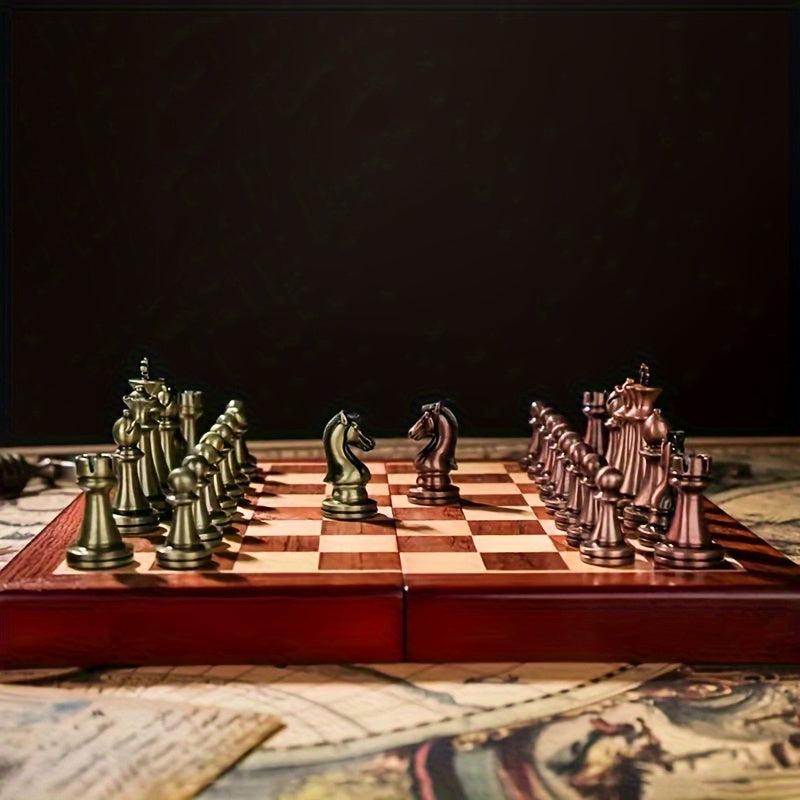 Wooden Chess Set with Metal Pieces in Foldable Box