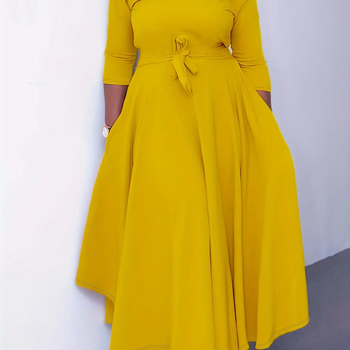  Solid Three Quarter Sleeve Maxi Dress With Belt