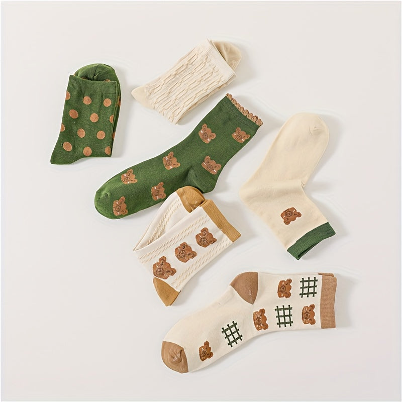 6 Pairs Cartoon Bear Print Socks Cute & Comfy Women's Mid Tube Stockings