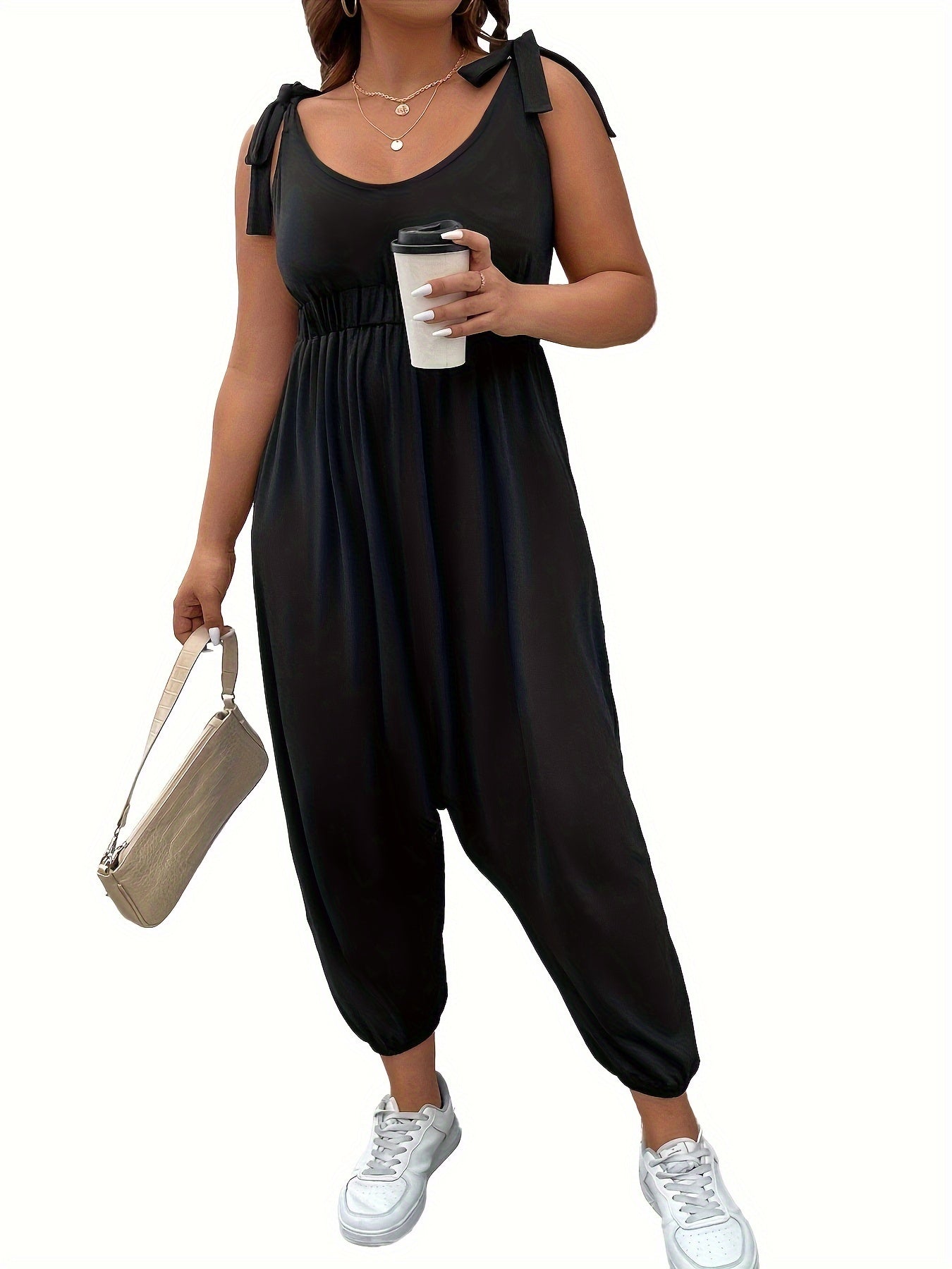  Casual Tank Jumpsuit Women's Plus Plain Tie Shoulder