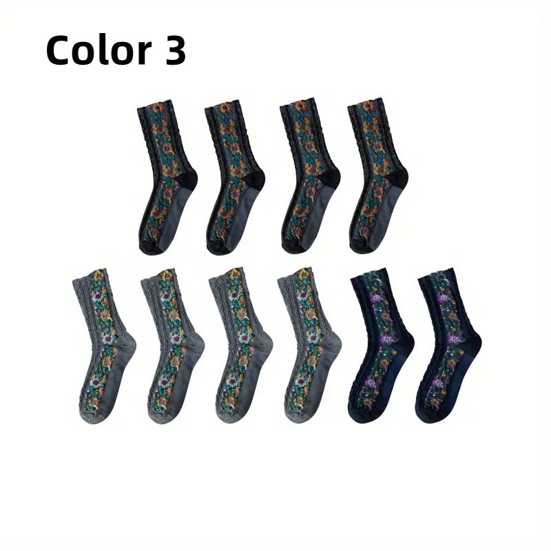Floral Print Socks Retro Court Style Mid Tube Women's Stockings