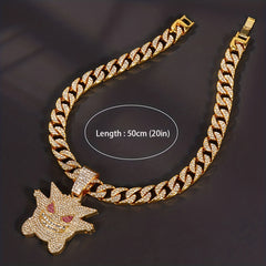 Women's Hip Hop Punk Ghost Pendant Necklace with Rhinestones Glitter Cuban Chain