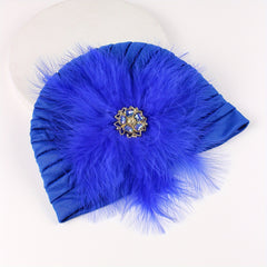 Faux Pearl Feather Turban Cap Bright Beanie Women Elastic Head Wrap