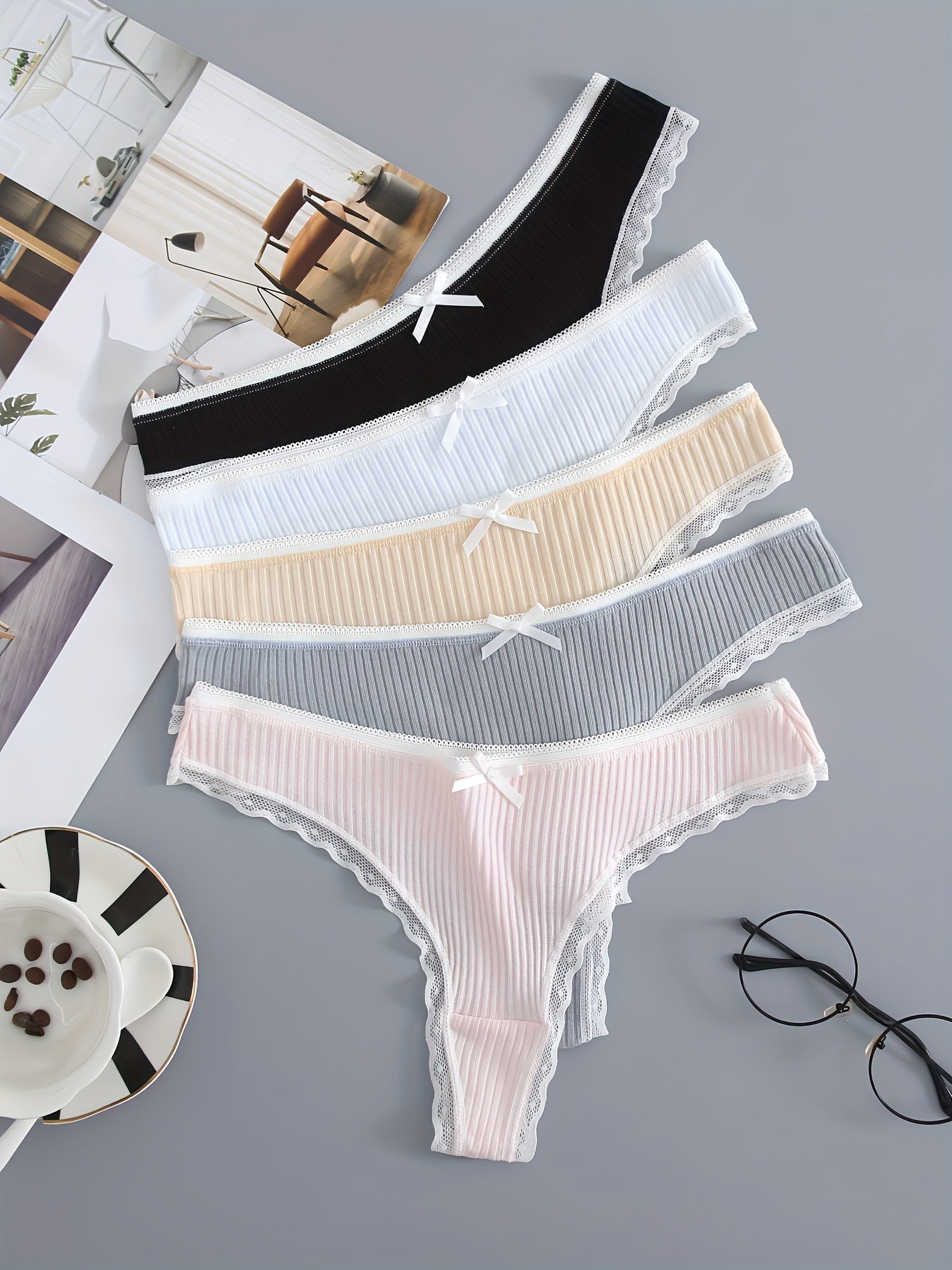 5pcs Lace Trim Ribbed Low Waist Panties Women's Lingerie