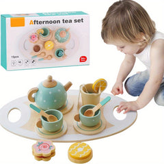 14Pcs Wooden Tea Party Set for Kids Pretend Play Kitchen Accessories