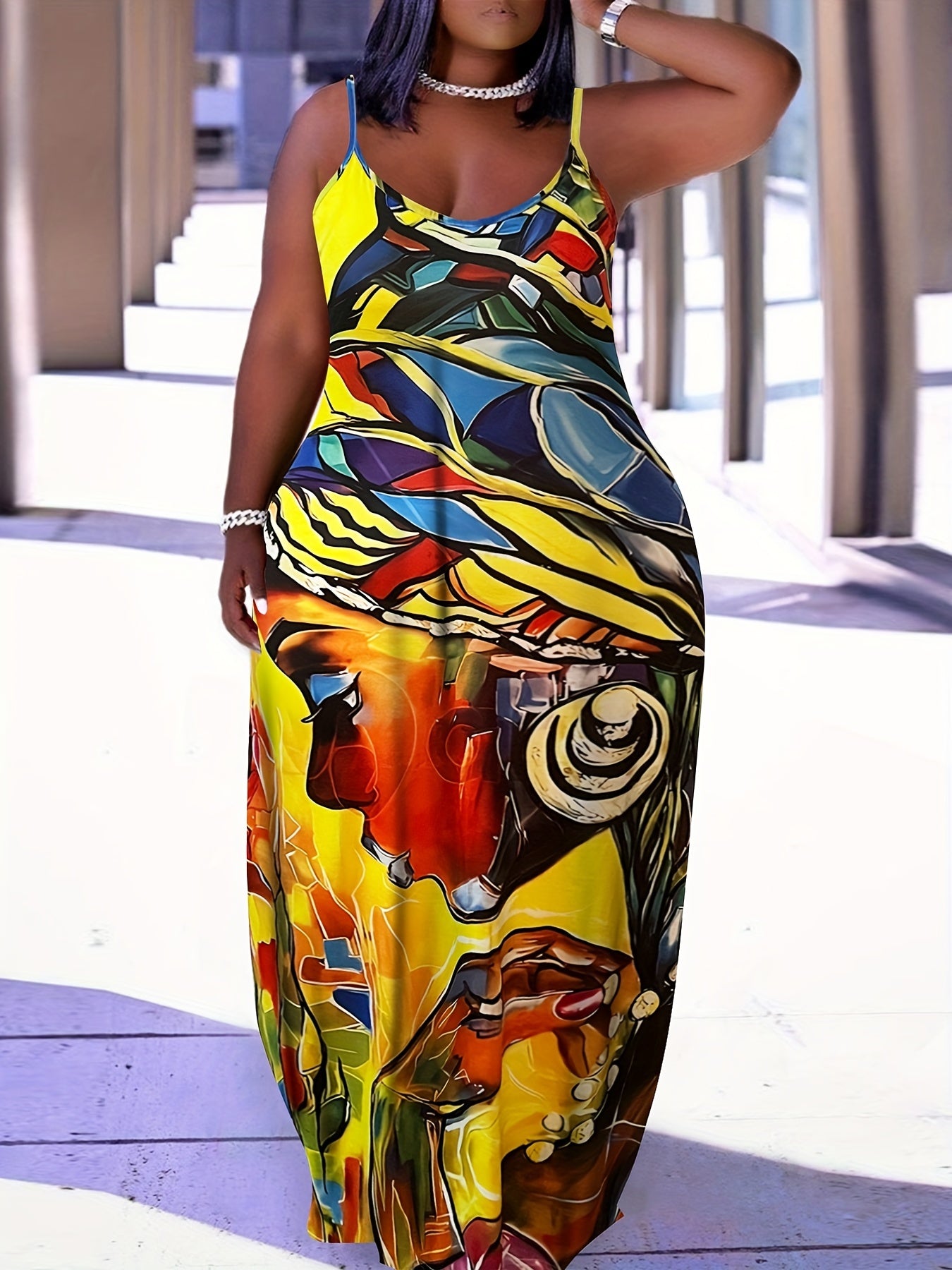  Colorblock Figure Print Maxi Cami Dress