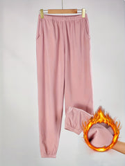 Solid Fuzzy Lounge Pants, Warm & Soft Elastic Waistband Pants