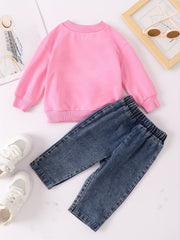 Infant Baby Spring Autumn Letter Sweatshirt Denim Trousers Set