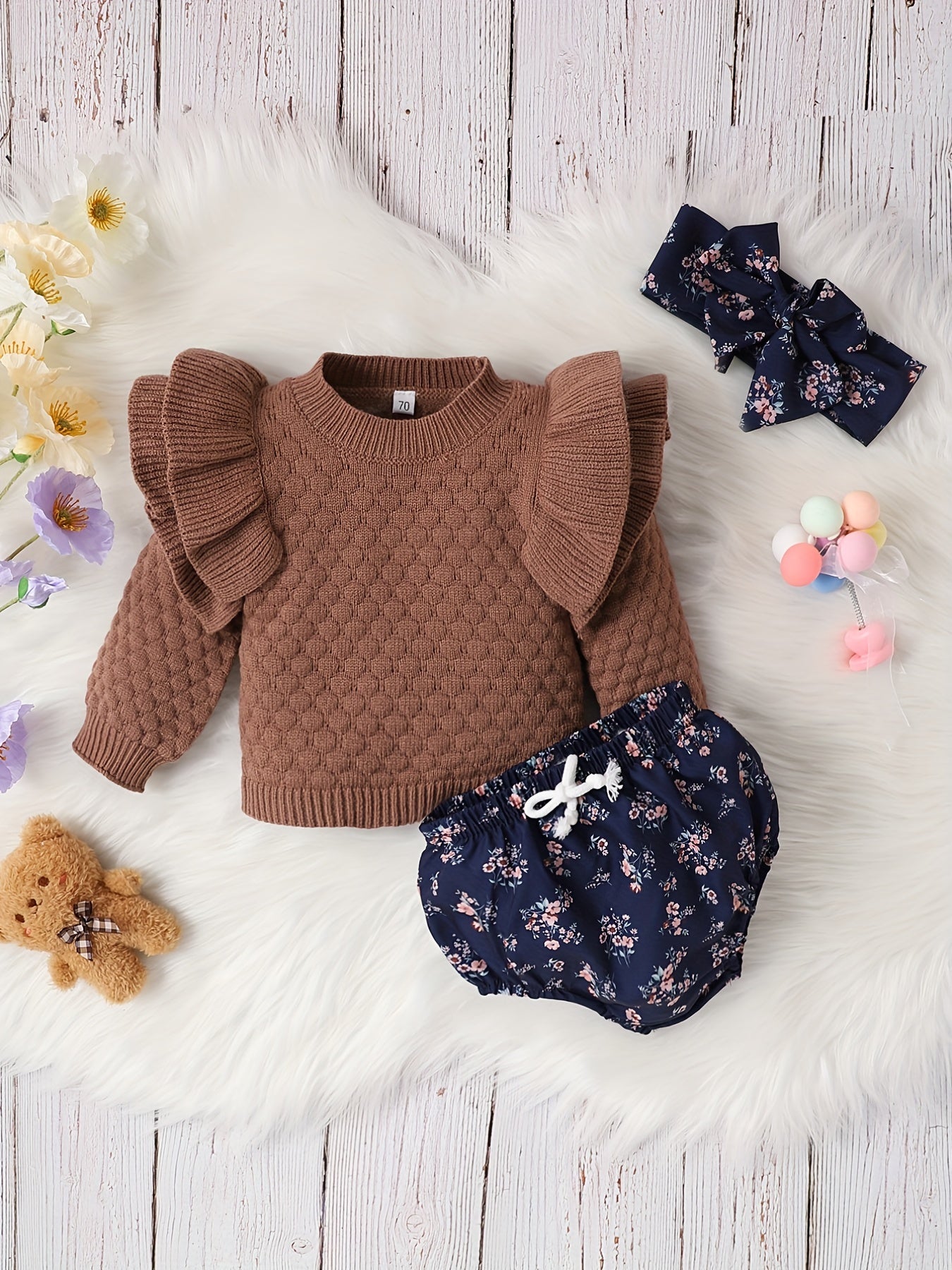 2pcs Baby Girl and Floral Shorts Set Autumn Winter Knit Sweater Top