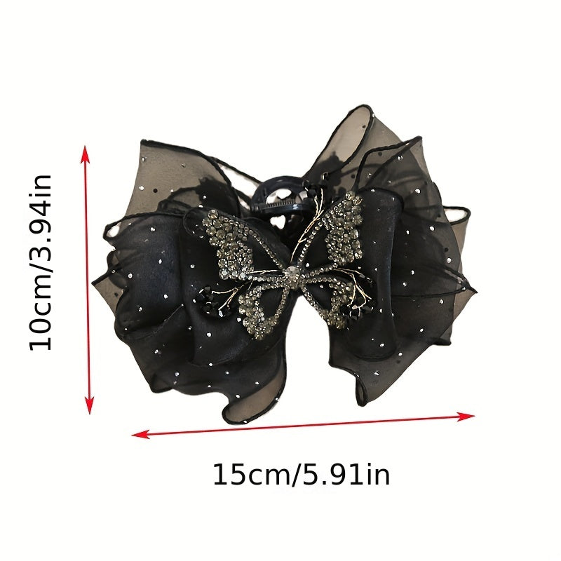 Organza Bow Hair Claw Rhinestone Butterfly Hair Claw for Ponytail