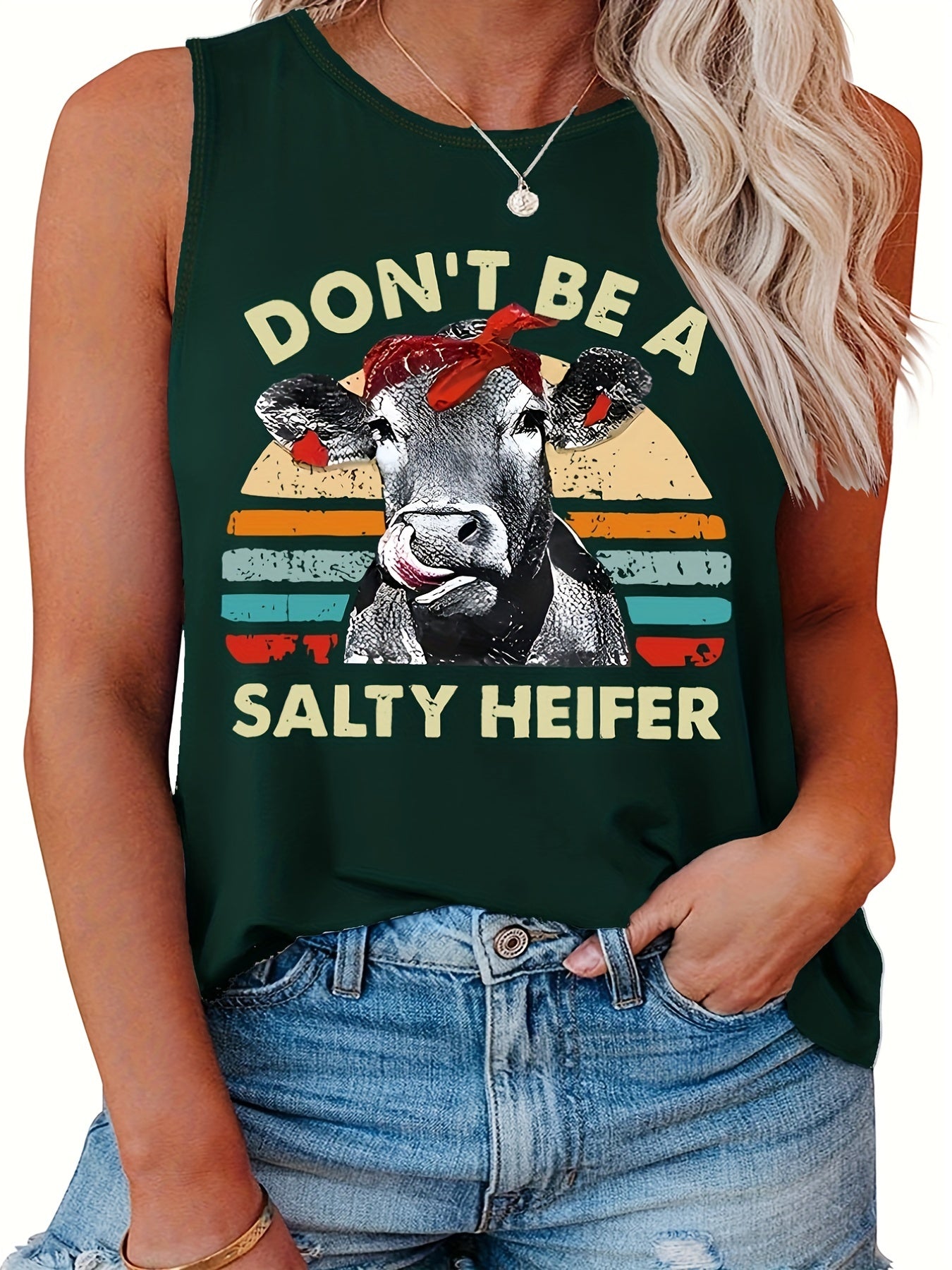  Retro Tank Top Women's Plus Bull & Letter Print Round Neck Tank Top