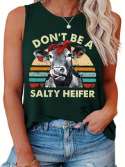  Retro Tank Top Women's Plus Bull & Letter Print Round Neck Tank Top