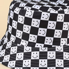 Smiling Face Print Bucket Hat Checkerboard Reversible Basin Hat