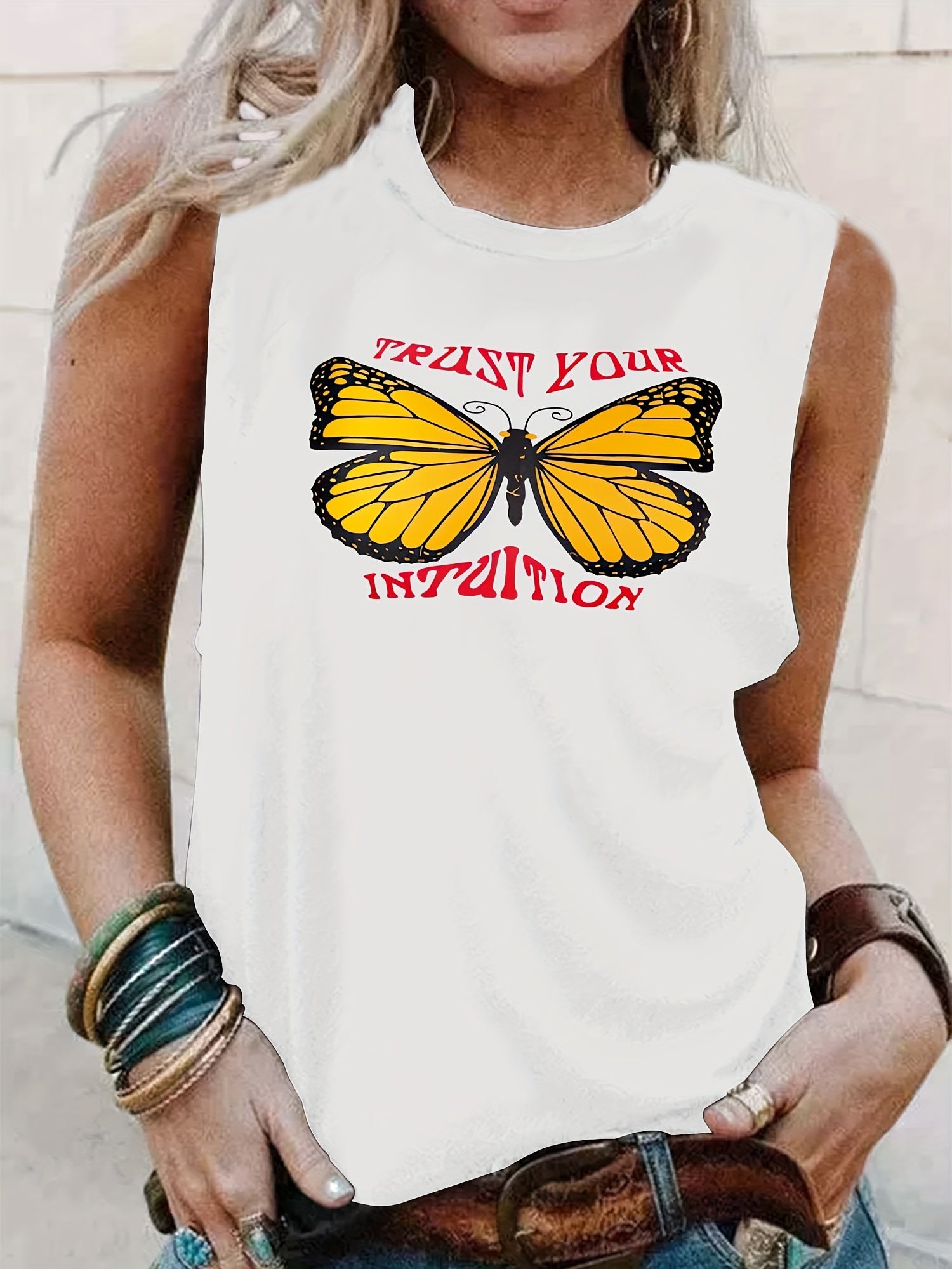 Butterfly & Letter Print Tank Top Crew Neck Sleeveless Top
