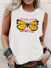 Butterfly & Letter Print Tank Top Crew Neck Sleeveless Top
