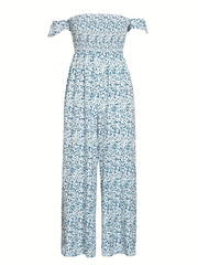  Sexy Jumpsuit Women's Plus Ditsy Floral Print Shirred Off Shoulder Jum