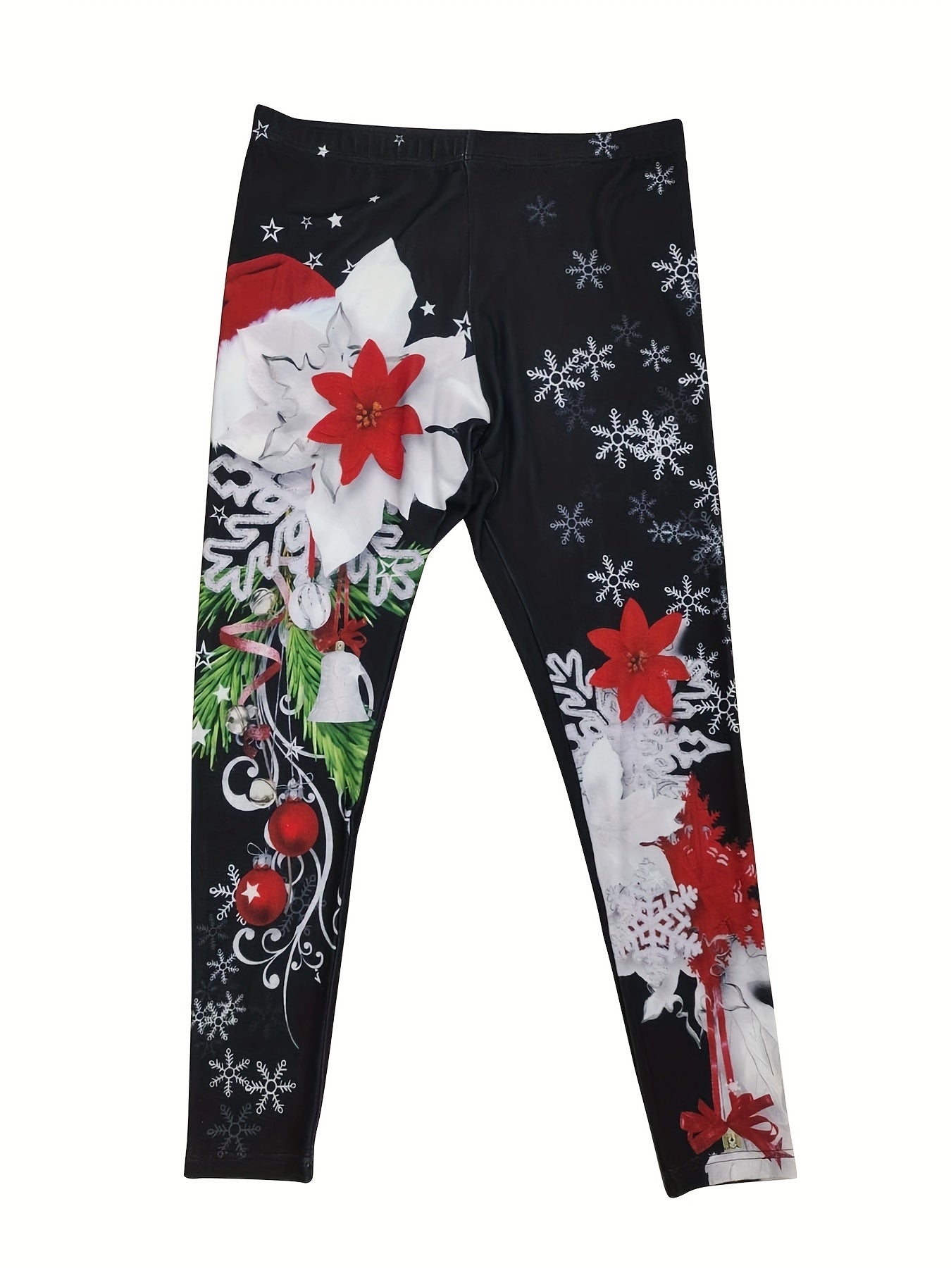  Christmas Leggings Women's Plus Christmas Hat & Snowflake Print