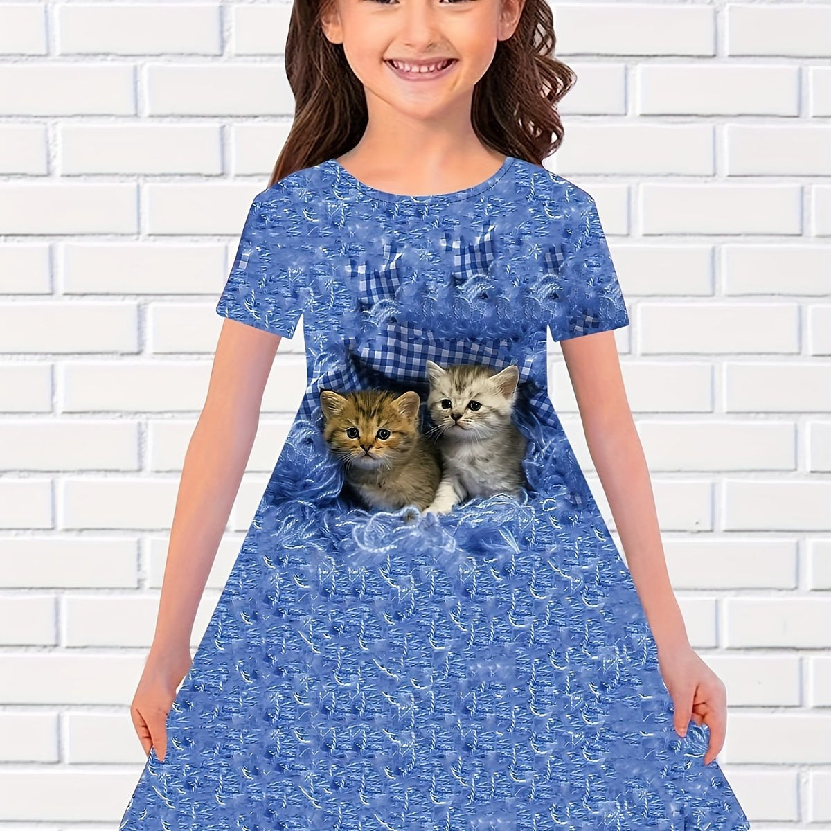 Girls 3D Kitty Print Dress Summer Clothes