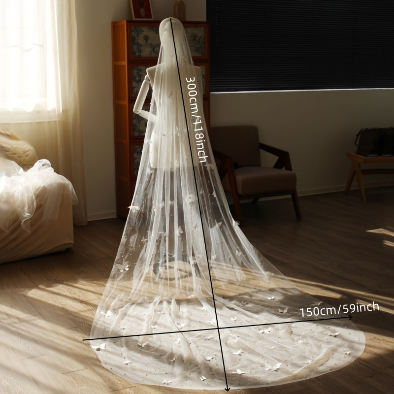 Butterfly Style Bridal Veil with Floral Embellishments Floor Length Wedding Veil