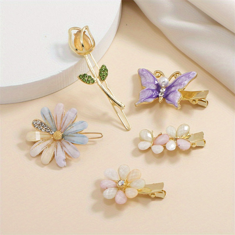 5pcs Pearl Butterfly Hair Clip Rhinestone Flower Hair Accessories