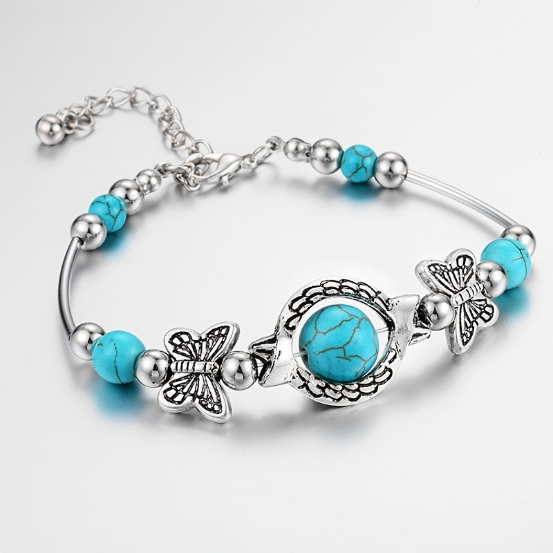 Vintage Silver Turquoise Butterfly Bracelet Chain Beads Bangle Wedding Gift