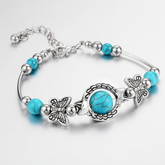 Vintage Silver Turquoise Butterfly Bracelet Chain Beads Bangle Wedding Gift