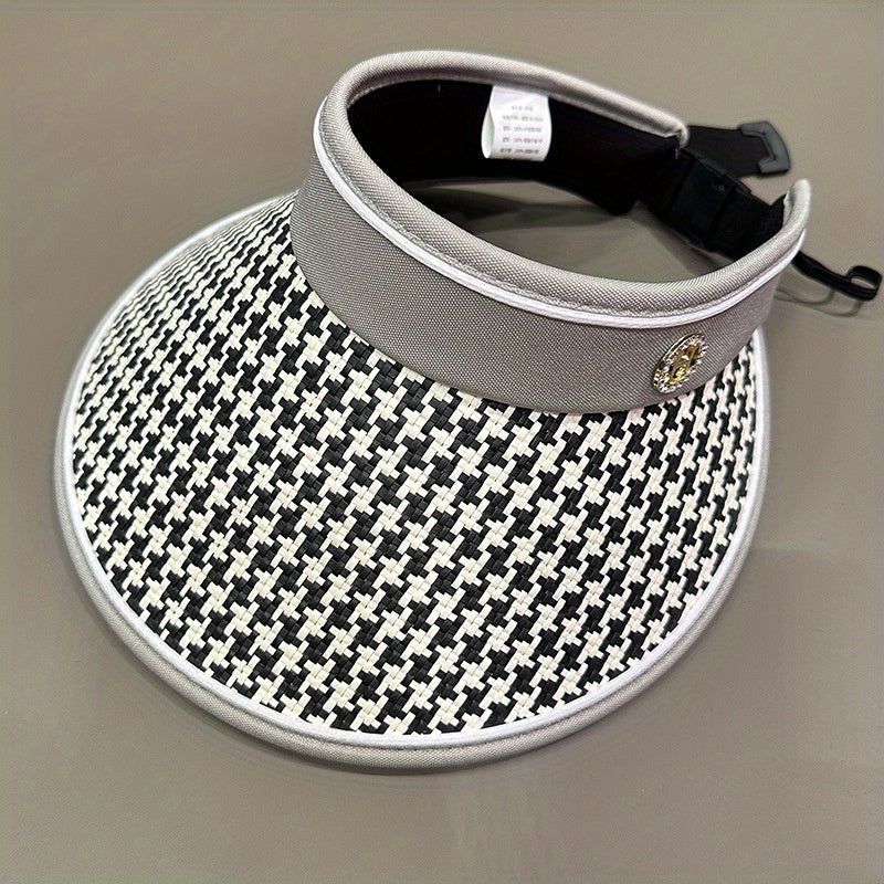 Houndstooth Visor Hat Wide Brim UV Protection Straw Sun Hat