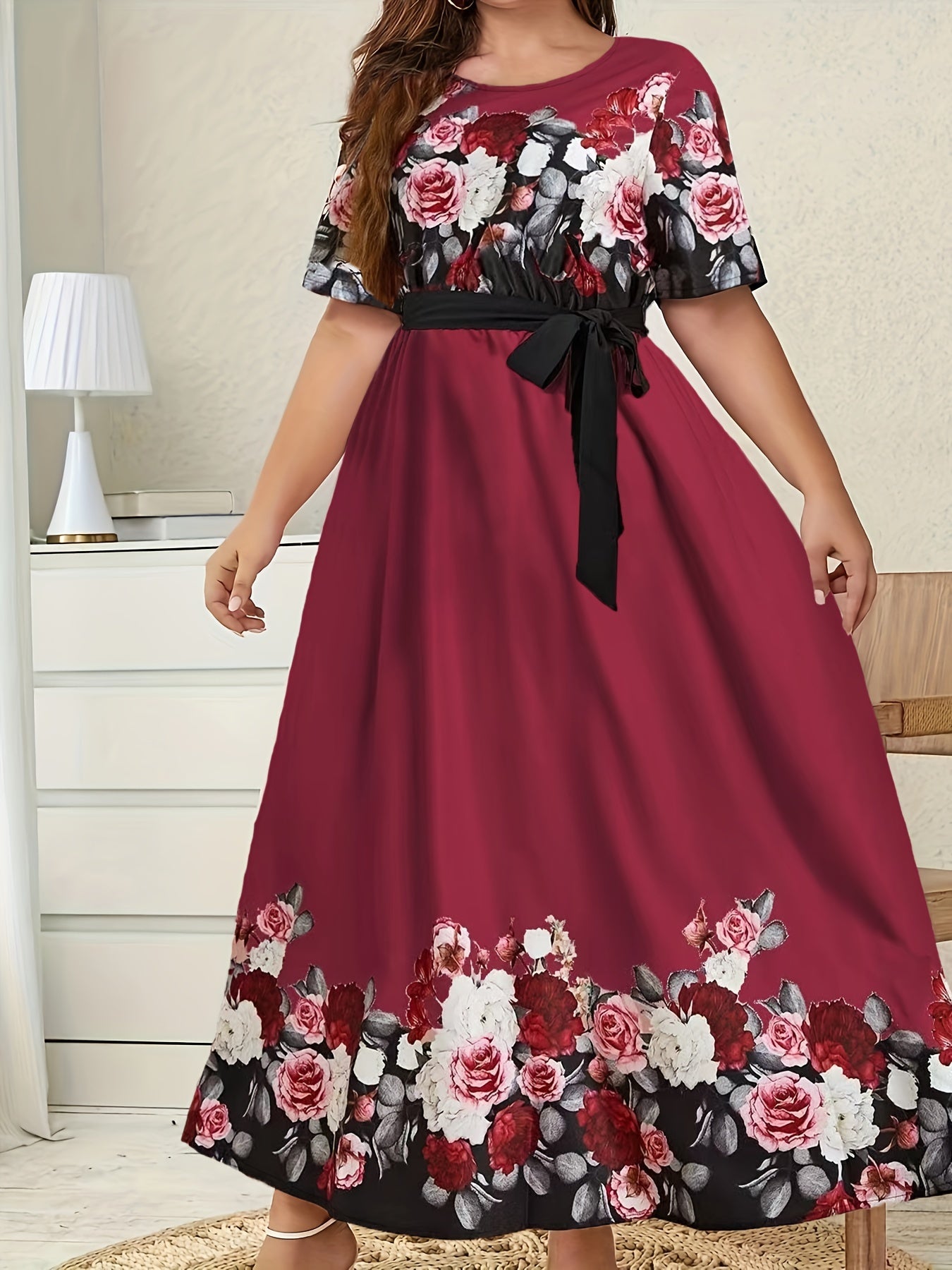  Floral Print Short Sleeve Maxi Dress