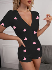 Heart Print Pajama Romper Short Sleeve V Neck Pajamas Women's Lingerie