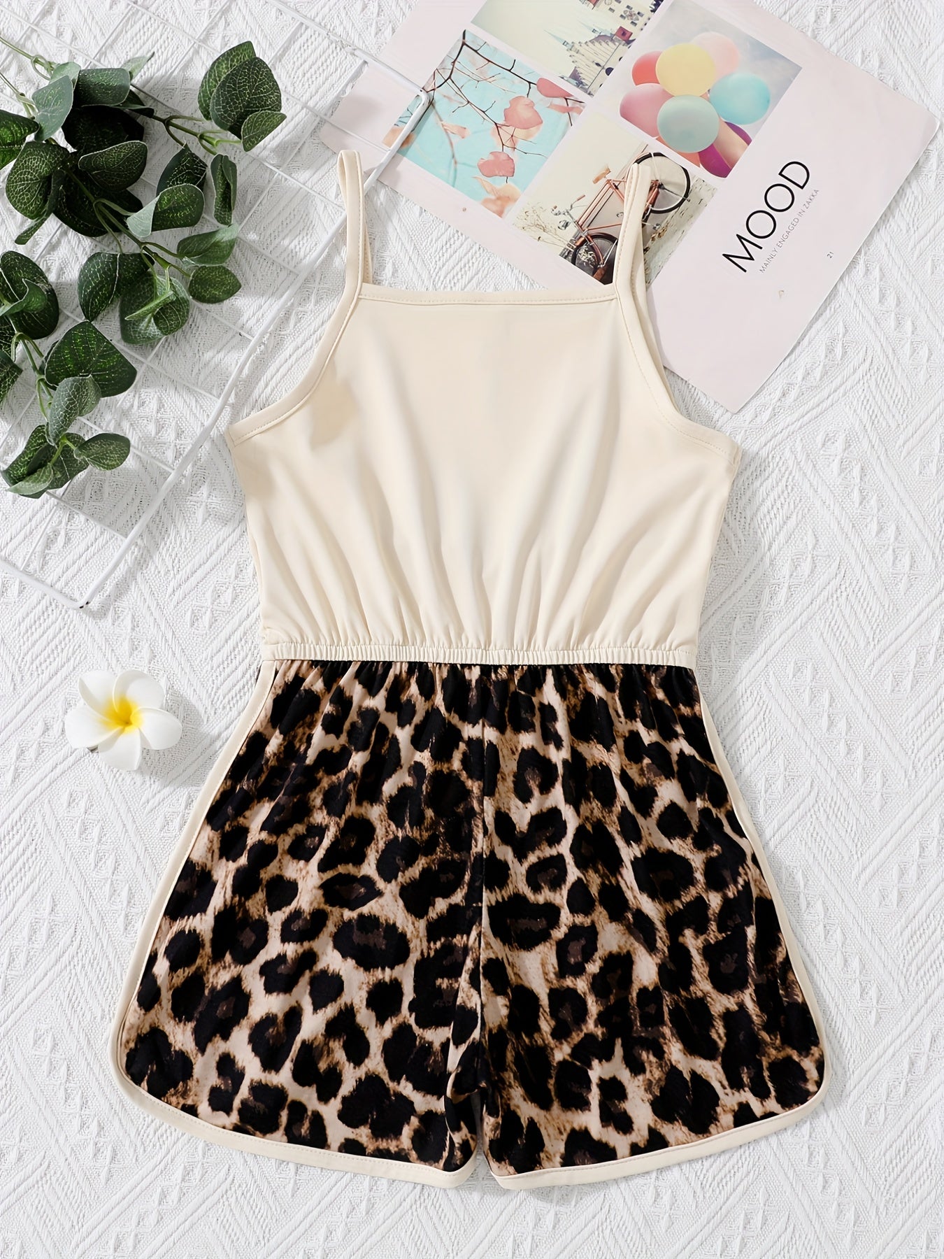 Girls Leopard Stitching Cami Romper & Fit Kids Short Jumpsuit