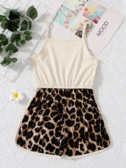 Girls Leopard Stitching Cami Romper & Fit Kids Short Jumpsuit