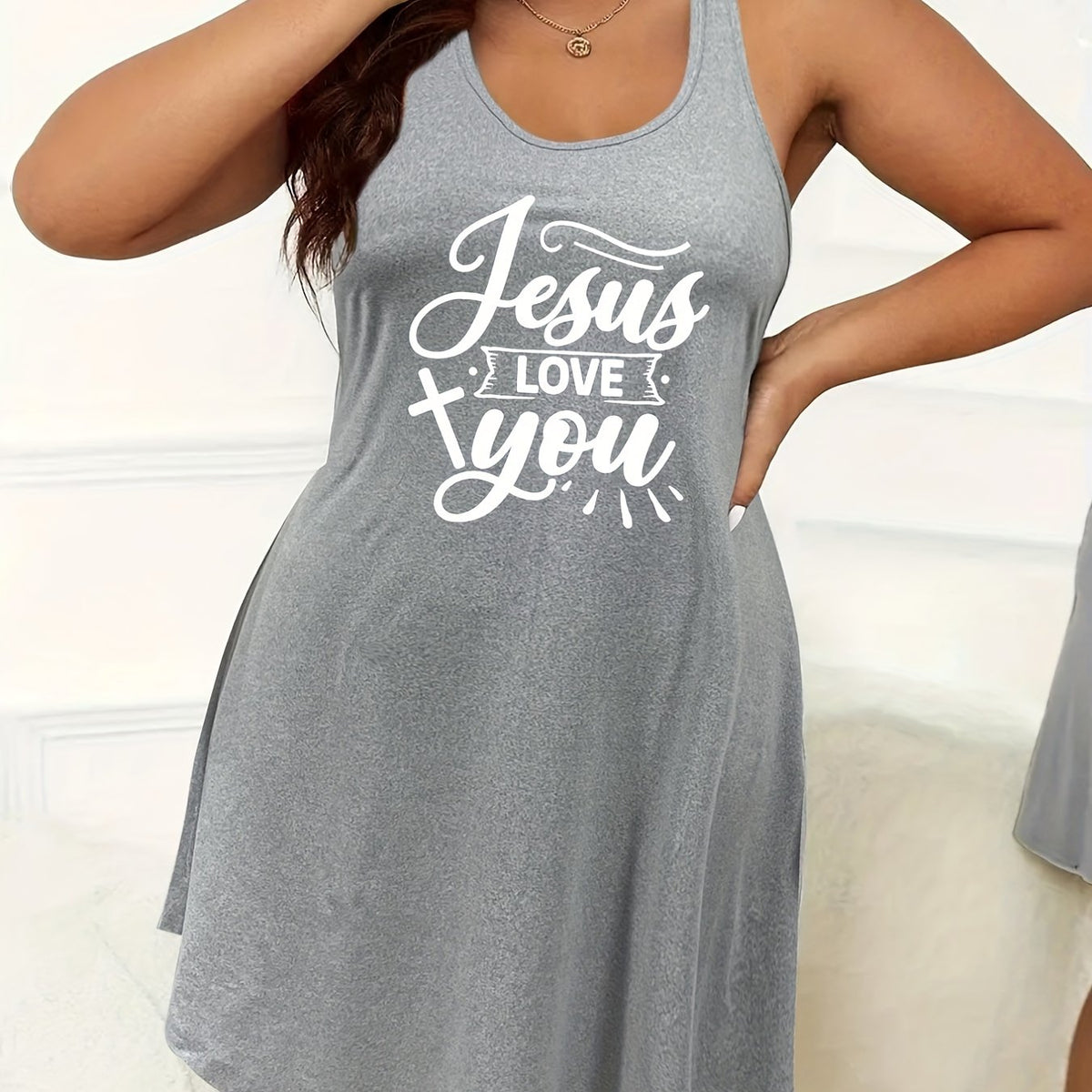  Women's Casual Nightdress Cross & Letter Print High Stretch Tank Sleep
