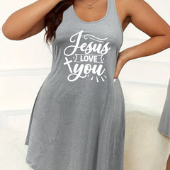  Women's Casual Nightdress Cross & Letter Print High Stretch Tank Sleep