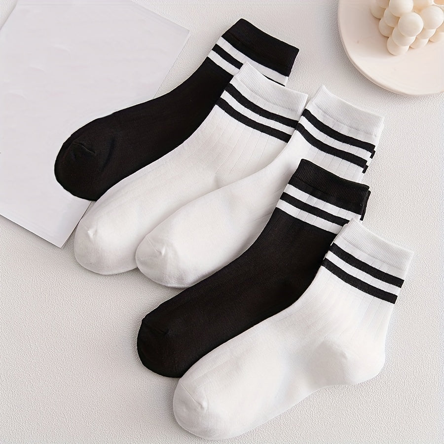 5 Pairs Striped Crew Socks for Sports Women's Stockings