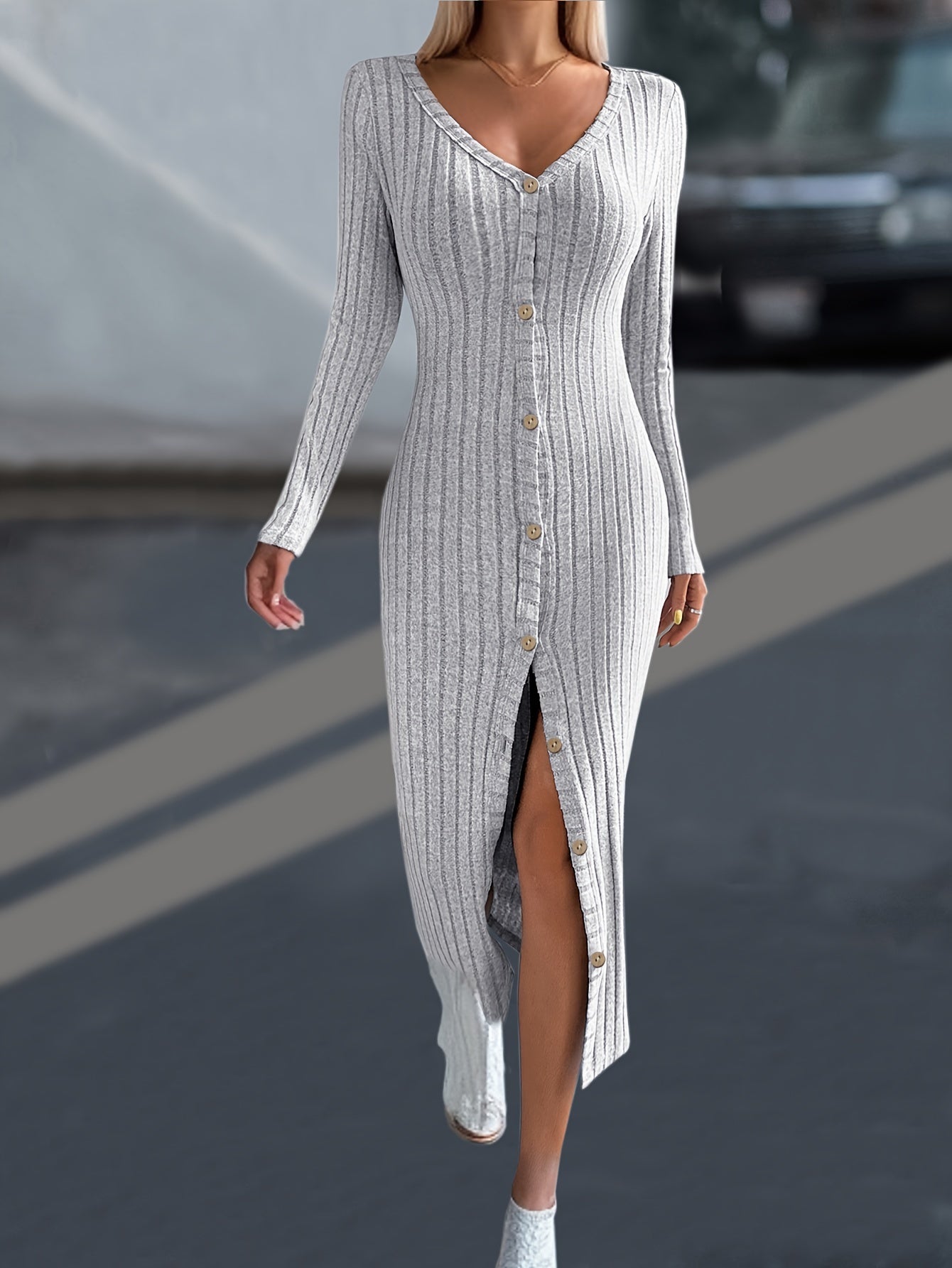  Women's Ribbed Button Up Long Sleeve V Neck Maxi Dress