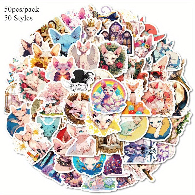 50 Whimsical Cat Stickers Pack DIY Phone Cases Water Bottles Guitar Decor