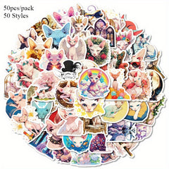 50 Whimsical Cat Stickers Pack DIY Phone Cases Water Bottles Guitar Decor