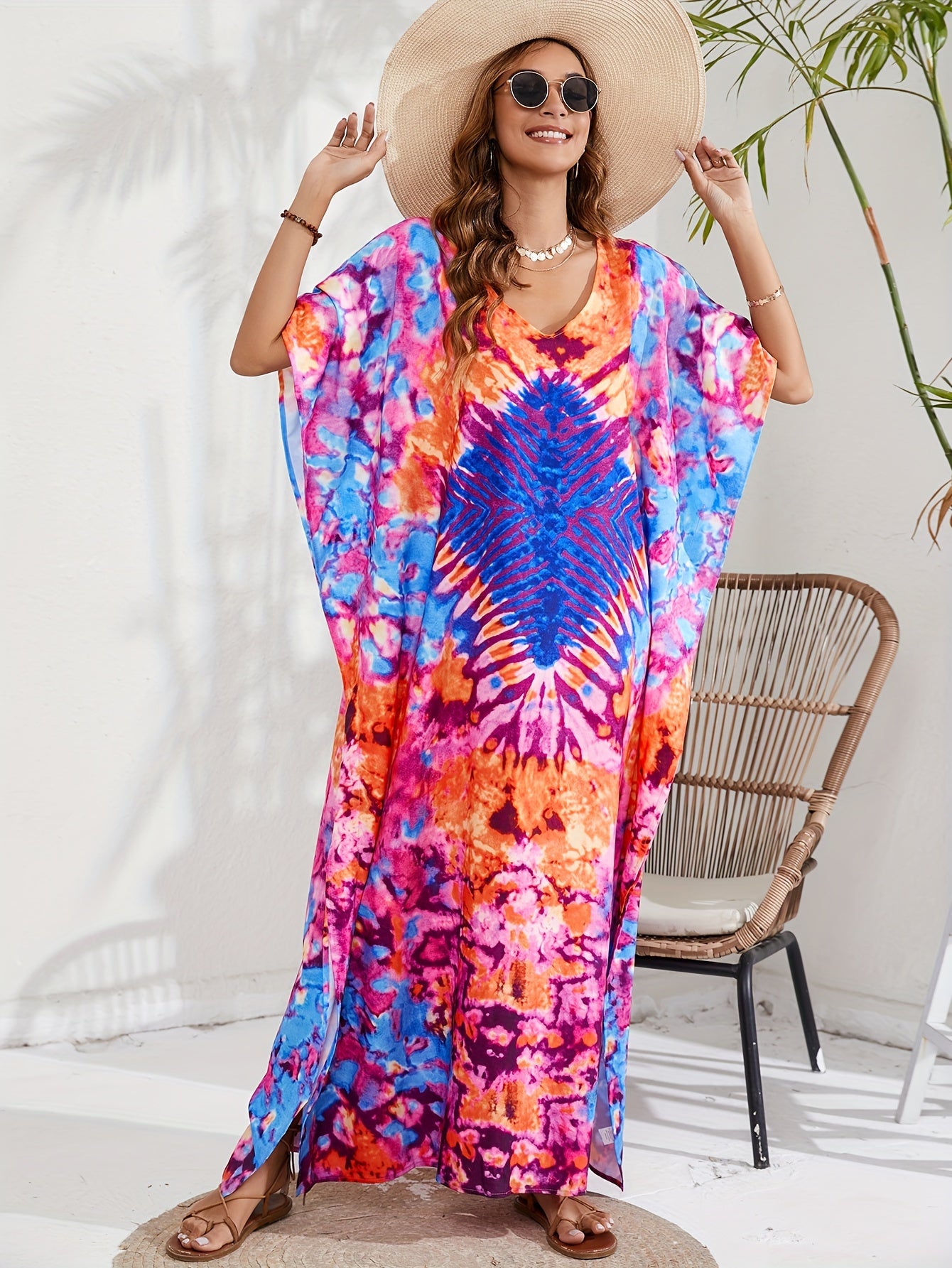  Boho Tie Dye Geo Pattern Cover Up Maxi Dress