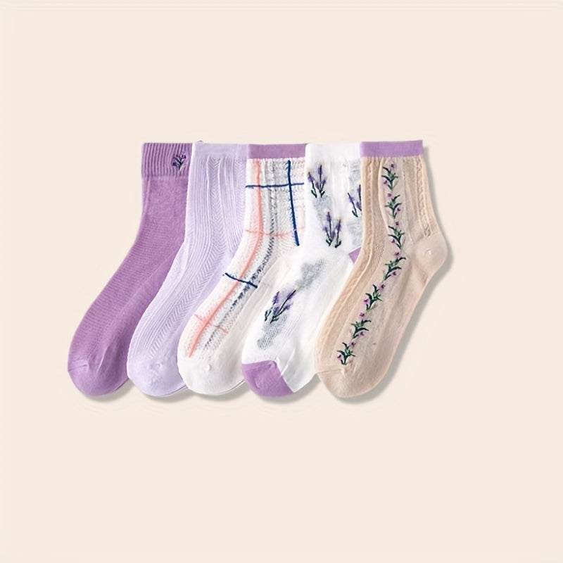 5 Pairs Floral Print Socks Comfy & Breathable Mid Tube Socks Women's Stockings